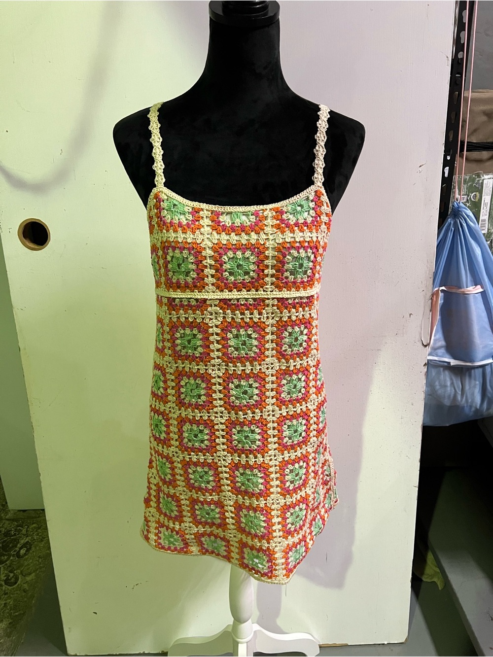 Zara Crochet Mini Dress in Cream, Green, Coral, PINK LINED. Size SMALL. NWOT